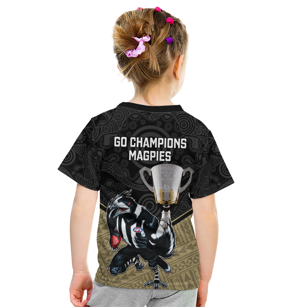 collingwood-football-kid-t-shirt-magpies-go-champions-2023-polynesian-indigenous-art
