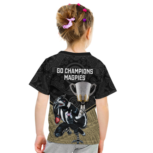 collingwood-football-kid-t-shirt-magpies-go-champions-2023-polynesian-indigenous-art