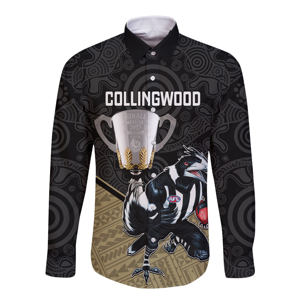 collingwood-football-long-sleeve-button-shirt-magpies-go-champions-2023-polynesian-indigenous-art