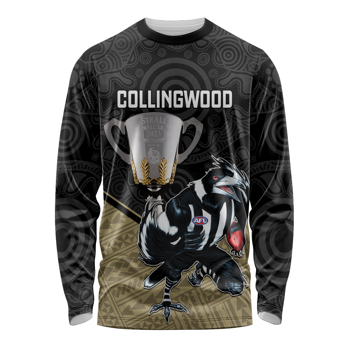 collingwood-football-long-sleeve-shirt-magpies-go-champions-2023-polynesian-indigenous-art