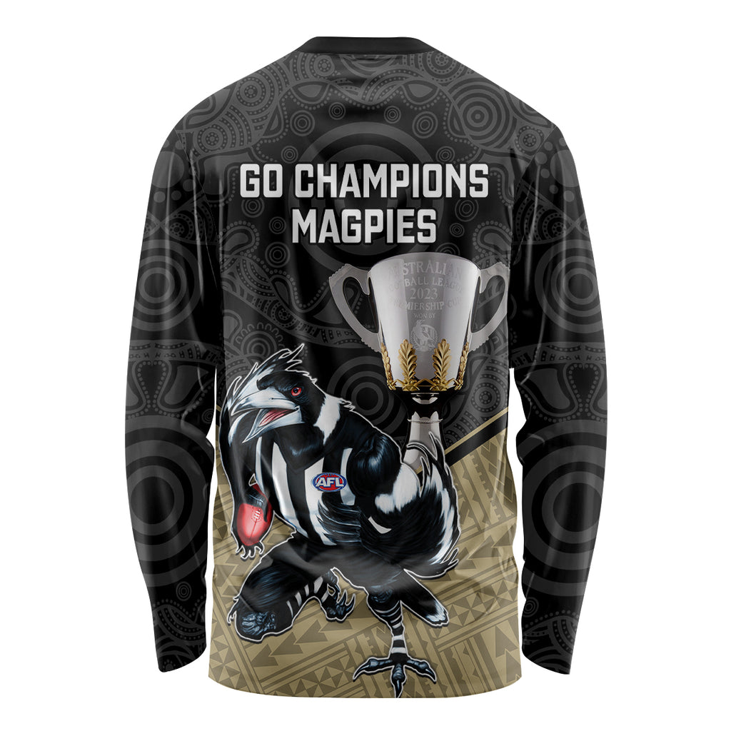 collingwood-football-long-sleeve-shirt-magpies-go-champions-2023-polynesian-indigenous-art