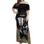 collingwood-football-off-shoulder-maxi-dress-magpies-go-champions-2023-polynesian-indigenous-art
