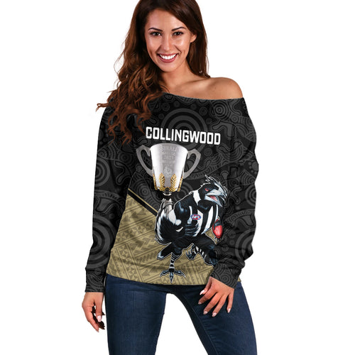 collingwood-football-off-shoulder-sweater-magpies-go-champions-2023-polynesian-indigenous-art