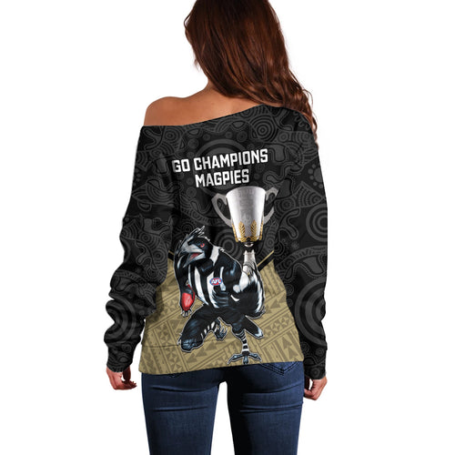 collingwood-football-off-shoulder-sweater-magpies-go-champions-2023-polynesian-indigenous-art