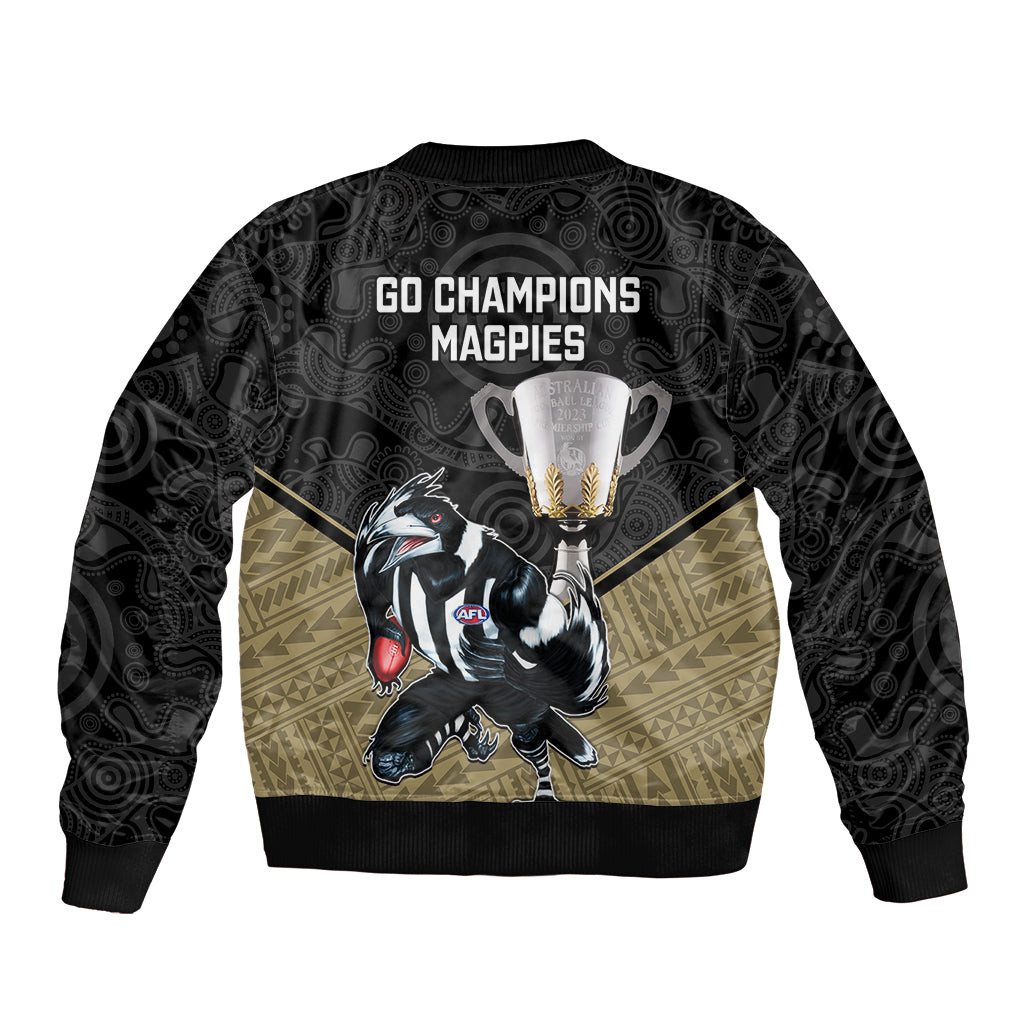 collingwood-football-sleeve-zip-bomber-jacket-magpies-go-champions-2023-polynesian-indigenous-art