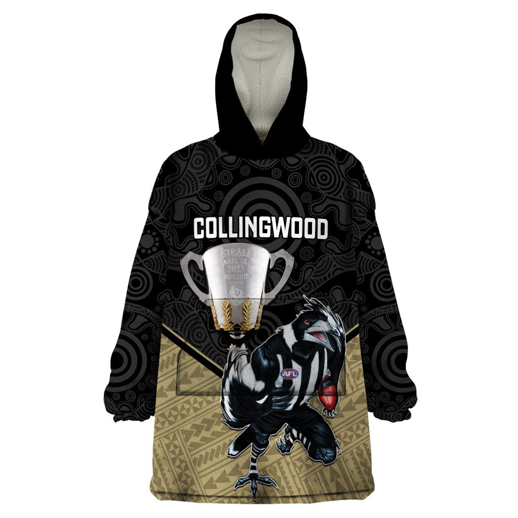 collingwood-football-wearable-blanket-hoodie-magpies-go-champions-2023-polynesian-indigenous-art