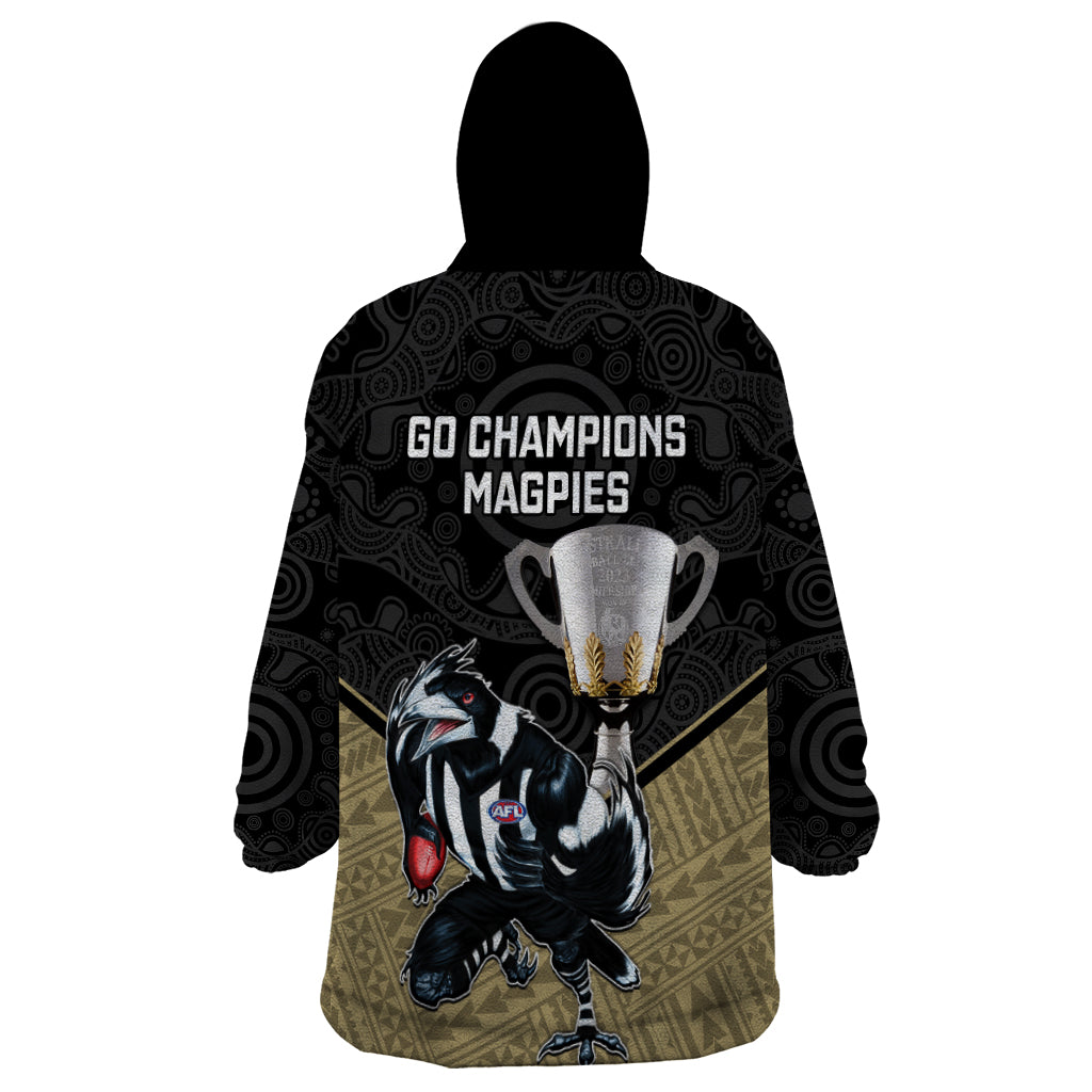 collingwood-football-wearable-blanket-hoodie-magpies-go-champions-2023-polynesian-indigenous-art