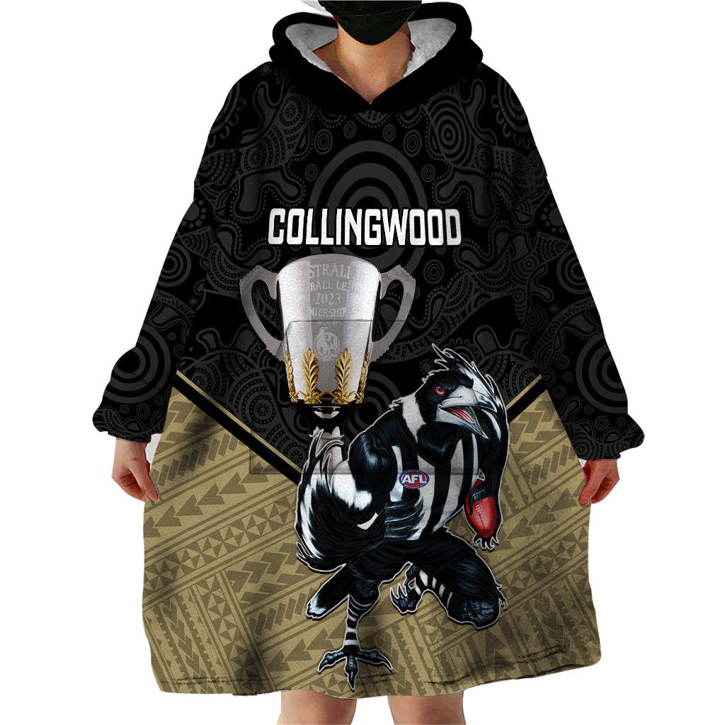 collingwood-football-wearable-blanket-hoodie-magpies-go-champions-2023-polynesian-indigenous-art
