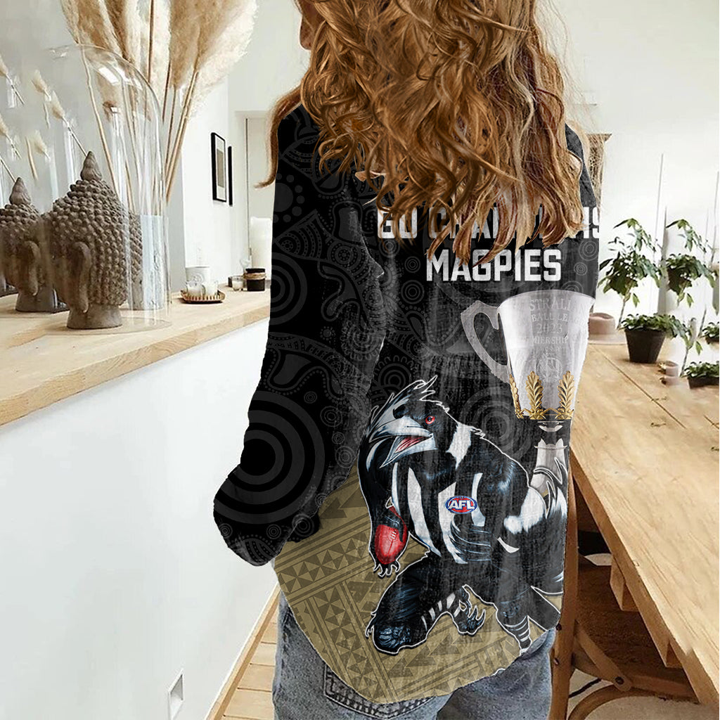 collingwood-football-women-casual-shirt-magpies-go-champions-2023-polynesian-indigenous-art