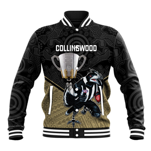 personalised-collingwood-football-baseball-jacket-magpies-go-champions-2023-polynesian-indigenous-art