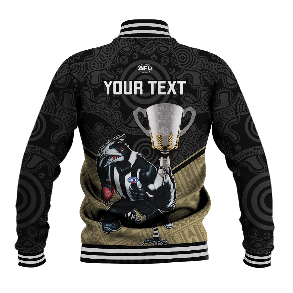personalised-collingwood-football-baseball-jacket-magpies-go-champions-2023-polynesian-indigenous-art