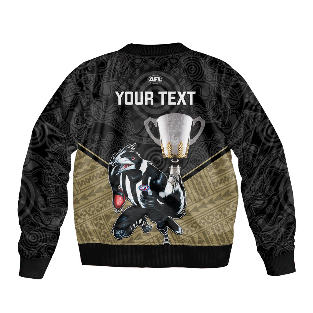 personalised-collingwood-football-bomber-jacket-magpies-go-champions-2023-polynesian-indigenous-art