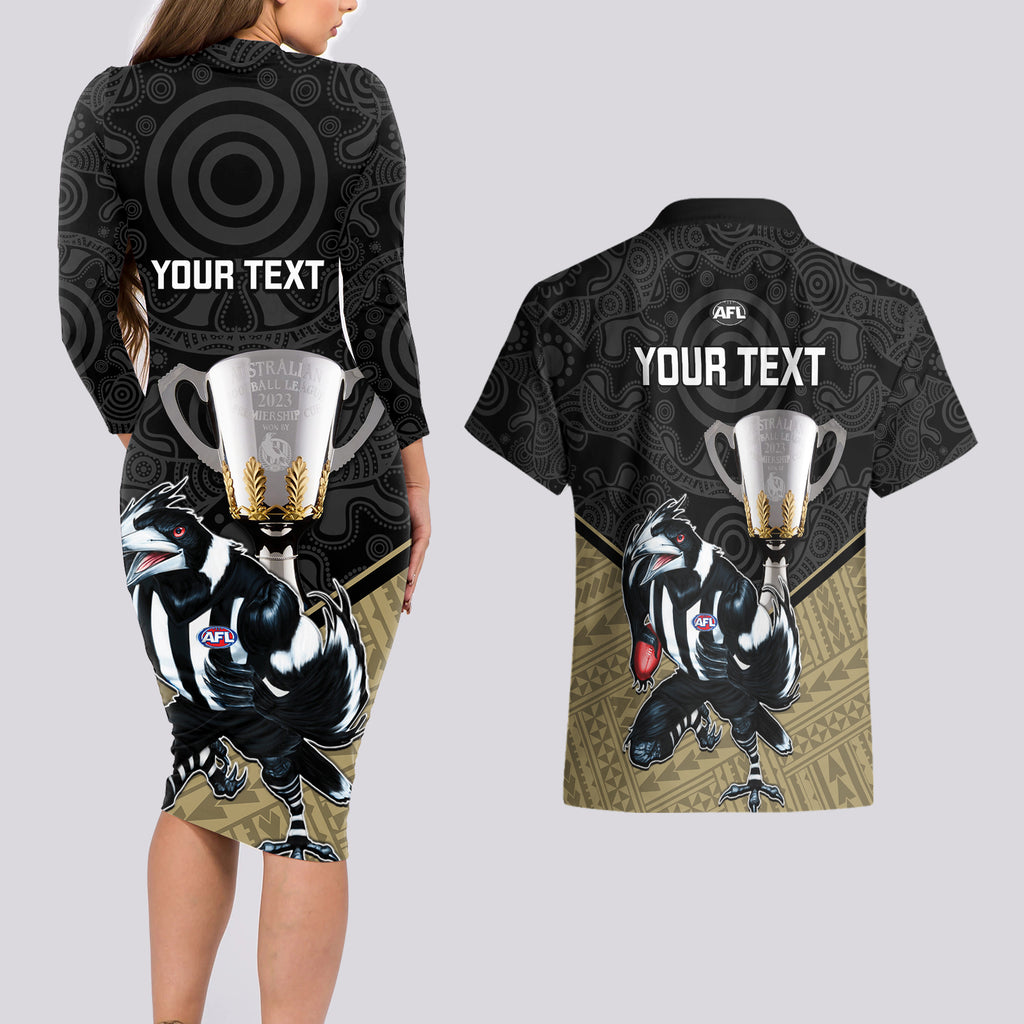 personalised-collingwood-football-couples-matching-long-sleeve-bodycon-dress-and-hawaiian-shirt-magpies-go-champions-2023-polynesian-indigenous-art