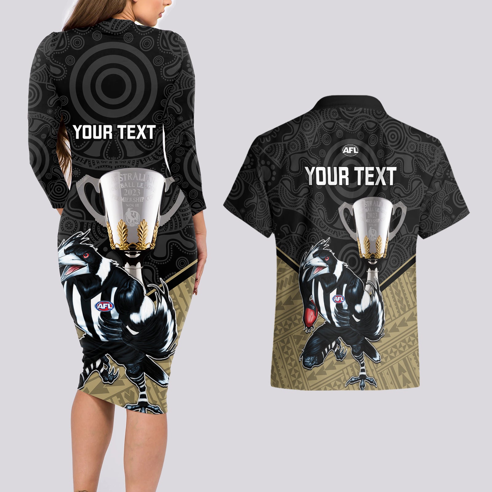 personalised-collingwood-football-couples-matching-long-sleeve-bodycon-dress-and-hawaiian-shirt-magpies-go-champions-2023-polynesian-indigenous-art