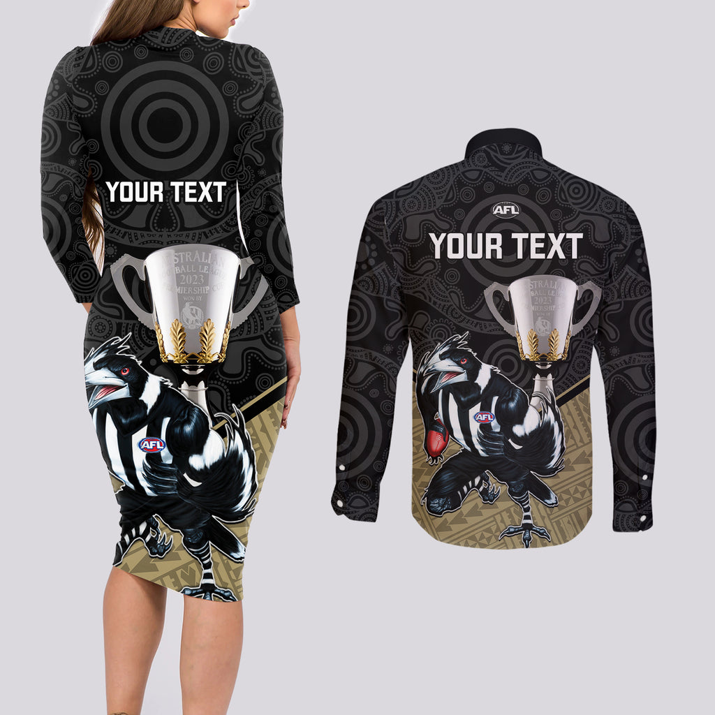 personalised-collingwood-football-couples-matching-long-sleeve-bodycon-dress-and-long-sleeve-button-shirts-magpies-go-champions-2023-polynesian-indigenous-art