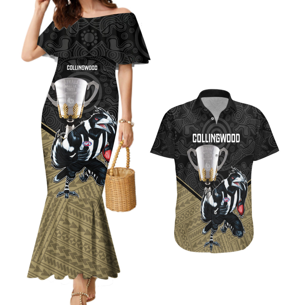 personalised-collingwood-football-couples-matching-mermaid-dress-and-hawaiian-shirt-magpies-go-champions-2023-polynesian-indigenous-art