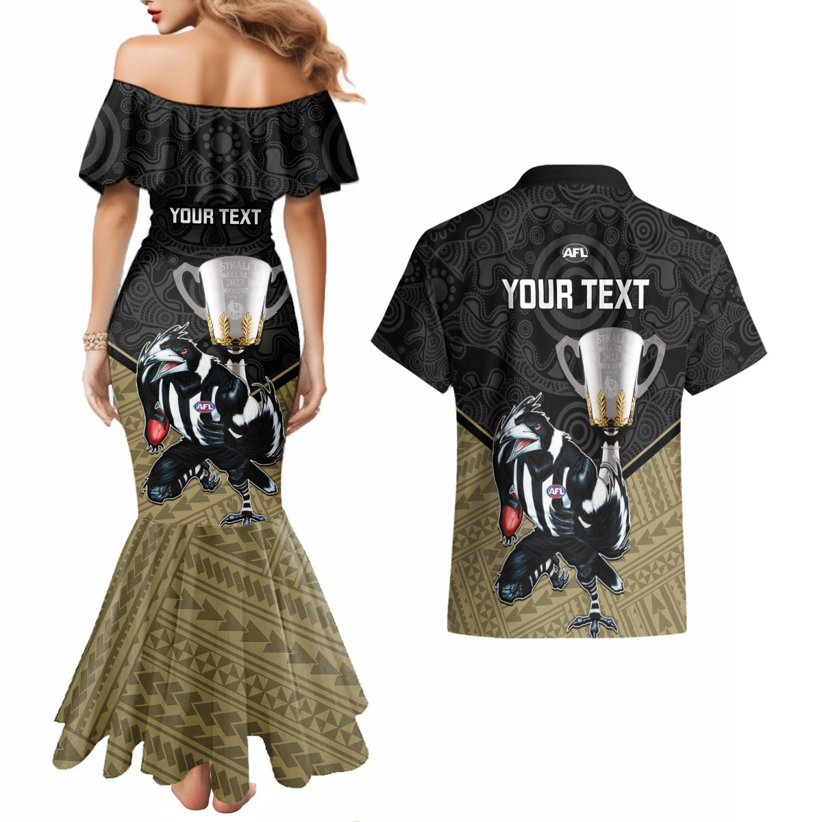 personalised-collingwood-football-couples-matching-mermaid-dress-and-hawaiian-shirt-magpies-go-champions-2023-polynesian-indigenous-art