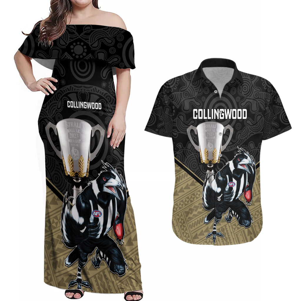 personalised-collingwood-football-couples-matching-off-shoulder-maxi-dress-and-hawaiian-shirt-magpies-go-champions-2023-polynesian-indigenous-art