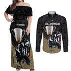 personalised-collingwood-football-couples-matching-off-shoulder-maxi-dress-and-long-sleeve-button-shirts-magpies-go-champions-2023-polynesian-indigenous-art