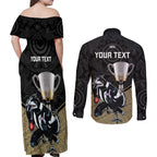personalised-collingwood-football-couples-matching-off-shoulder-maxi-dress-and-long-sleeve-button-shirts-magpies-go-champions-2023-polynesian-indigenous-art