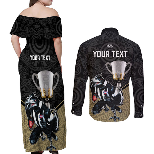 personalised-collingwood-football-couples-matching-off-shoulder-maxi-dress-and-long-sleeve-button-shirts-magpies-go-champions-2023-polynesian-indigenous-art