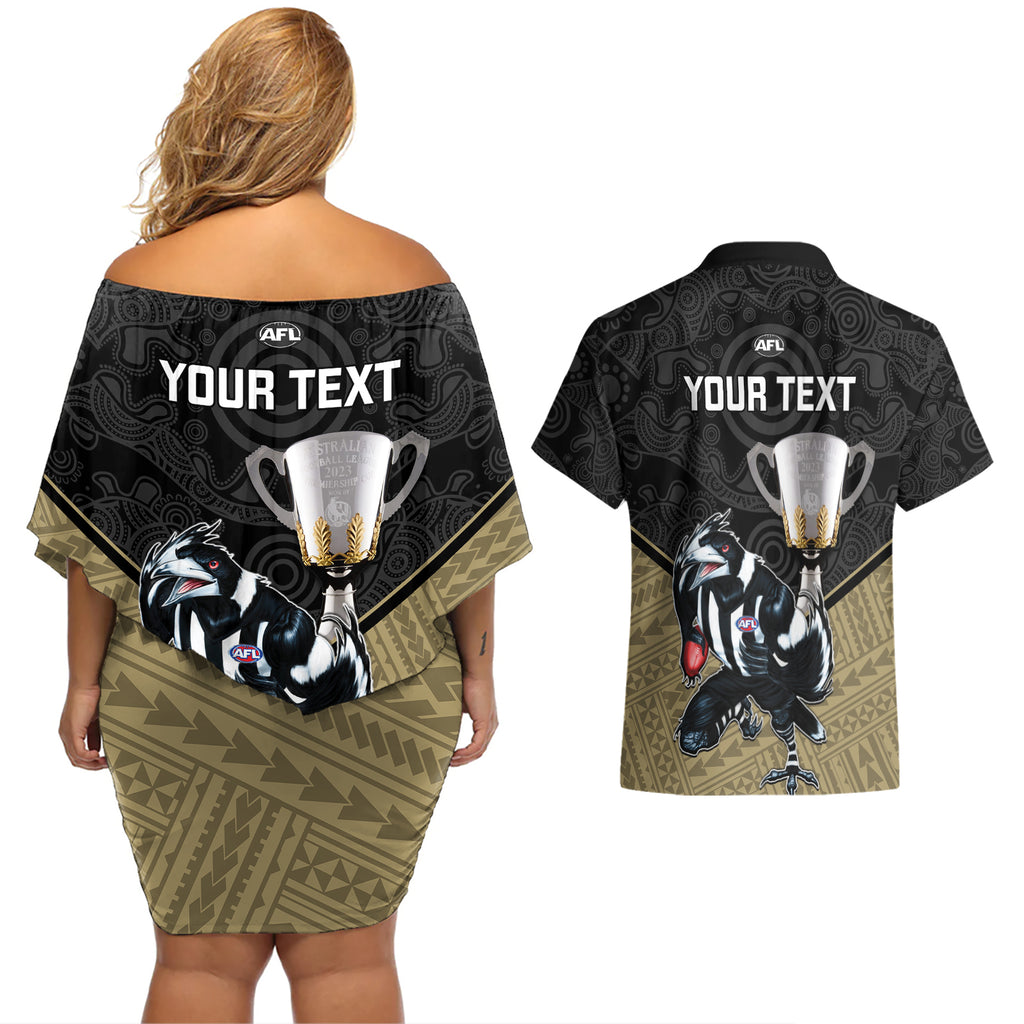 personalised-collingwood-football-couples-matching-off-shoulder-short-dress-and-hawaiian-shirt-magpies-go-champions-2023-polynesian-indigenous-art