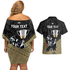 personalised-collingwood-football-couples-matching-off-shoulder-short-dress-and-hawaiian-shirt-magpies-go-champions-2023-polynesian-indigenous-art