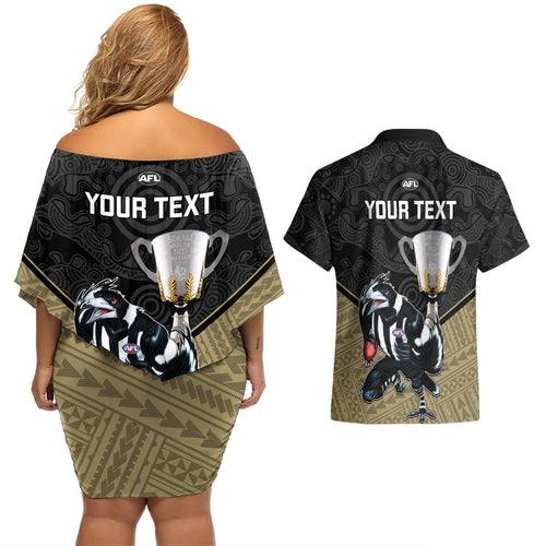 personalised-collingwood-football-couples-matching-off-shoulder-short-dress-and-hawaiian-shirt-magpies-go-champions-2023-polynesian-indigenous-art