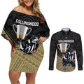 personalised-collingwood-football-couples-matching-off-shoulder-short-dress-and-long-sleeve-button-shirts-magpies-go-champions-2023-polynesian-indigenous-art