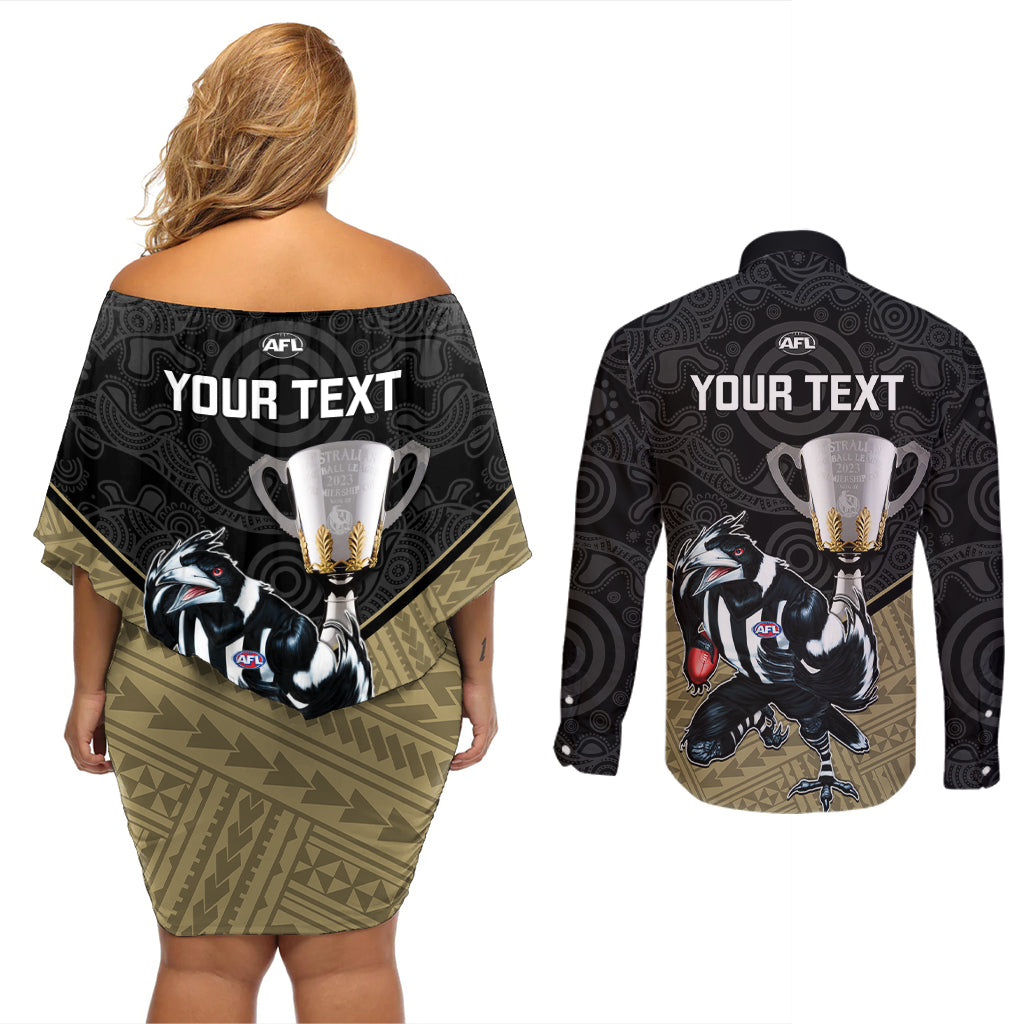 personalised-collingwood-football-couples-matching-off-shoulder-short-dress-and-long-sleeve-button-shirts-magpies-go-champions-2023-polynesian-indigenous-art