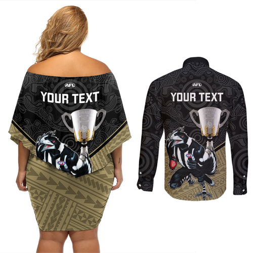 personalised-collingwood-football-couples-matching-off-shoulder-short-dress-and-long-sleeve-button-shirts-magpies-go-champions-2023-polynesian-indigenous-art