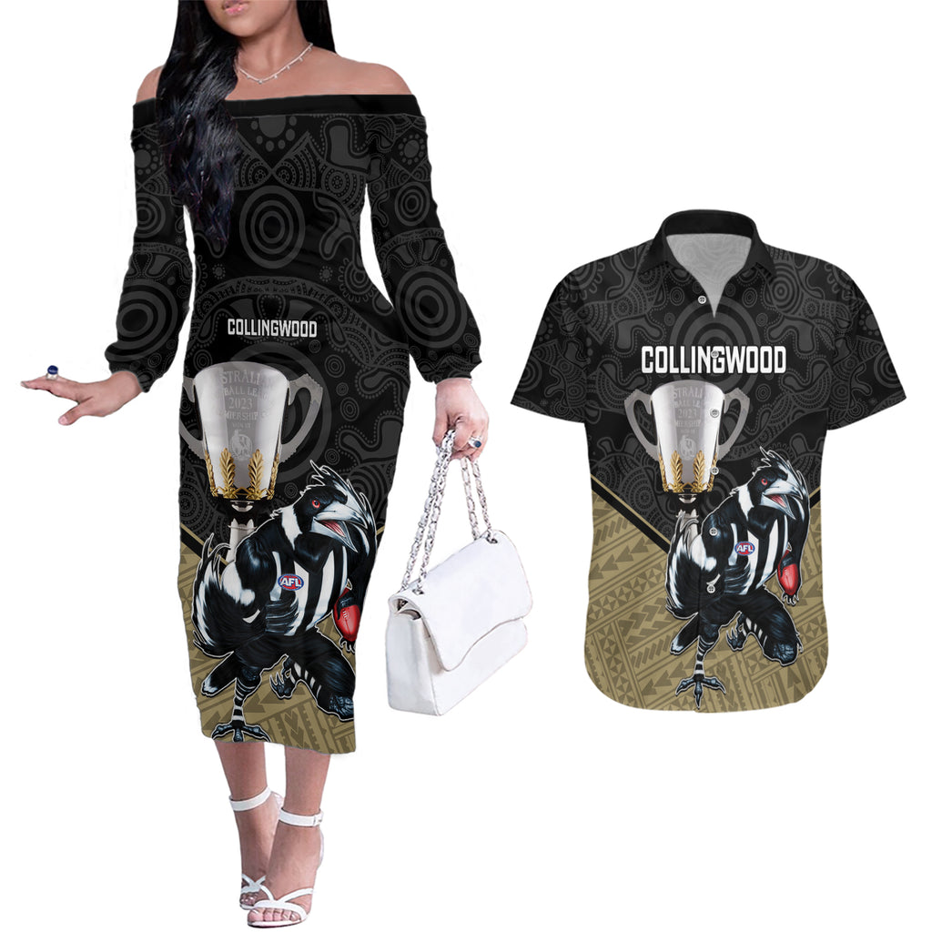 personalised-collingwood-football-couples-matching-off-the-shoulder-long-sleeve-dress-and-hawaiian-shirt-magpies-go-champions-2023-polynesian-indigenous-art