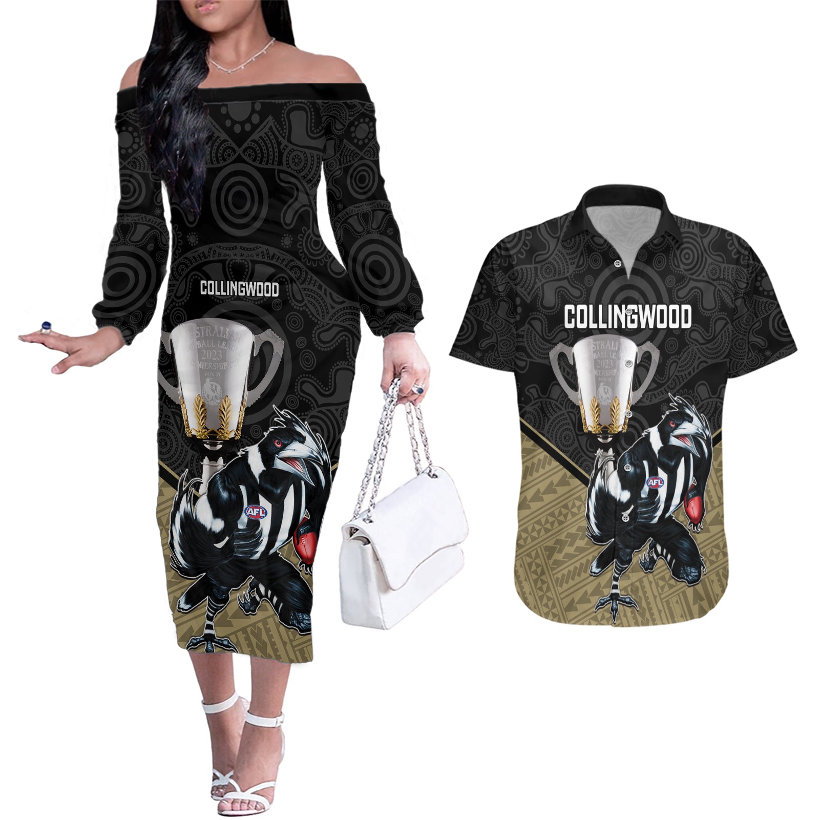 personalised-collingwood-football-couples-matching-off-the-shoulder-long-sleeve-dress-and-hawaiian-shirt-magpies-go-champions-2023-polynesian-indigenous-art