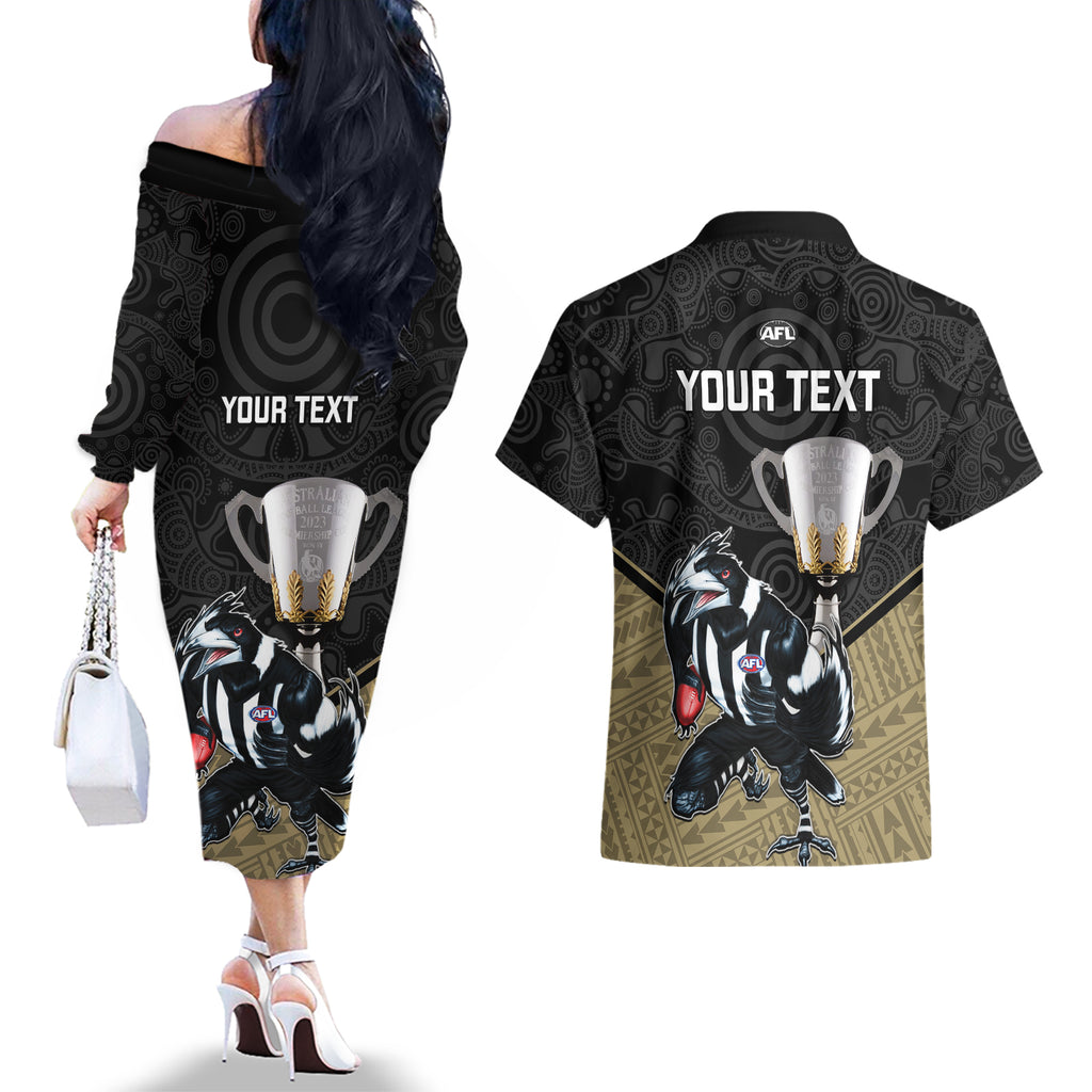 personalised-collingwood-football-couples-matching-off-the-shoulder-long-sleeve-dress-and-hawaiian-shirt-magpies-go-champions-2023-polynesian-indigenous-art