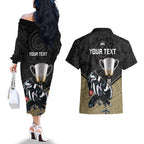 personalised-collingwood-football-couples-matching-off-the-shoulder-long-sleeve-dress-and-hawaiian-shirt-magpies-go-champions-2023-polynesian-indigenous-art