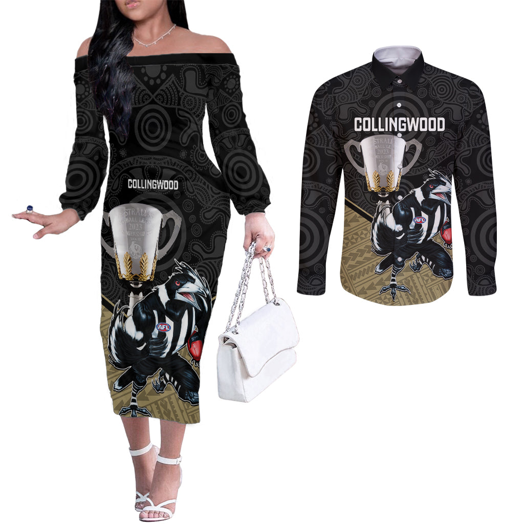 personalised-collingwood-football-couples-matching-off-the-shoulder-long-sleeve-dress-and-long-sleeve-button-shirts-magpies-go-champions-2023-polynesian-indigenous-art