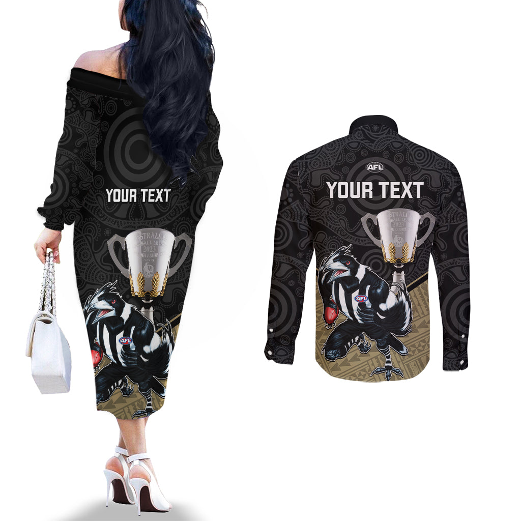 personalised-collingwood-football-couples-matching-off-the-shoulder-long-sleeve-dress-and-long-sleeve-button-shirts-magpies-go-champions-2023-polynesian-indigenous-art