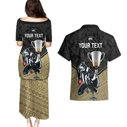 personalised-collingwood-football-couples-matching-puletasi-dress-and-hawaiian-shirt-magpies-go-champions-2023-polynesian-indigenous-art