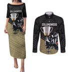 personalised-collingwood-football-couples-matching-puletasi-dress-and-long-sleeve-button-shirts-magpies-go-champions-2023-polynesian-indigenous-art