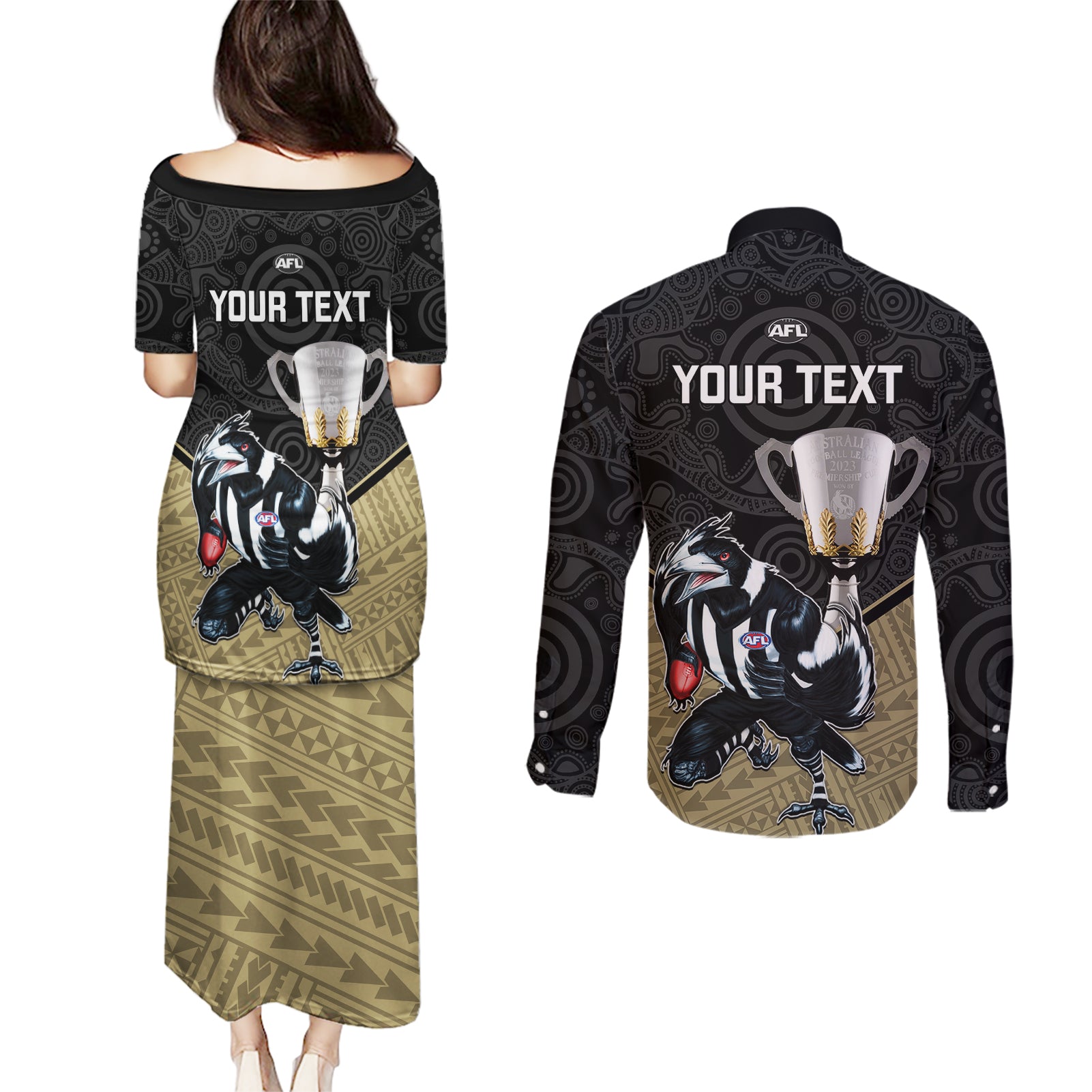 personalised-collingwood-football-couples-matching-puletasi-dress-and-long-sleeve-button-shirts-magpies-go-champions-2023-polynesian-indigenous-art