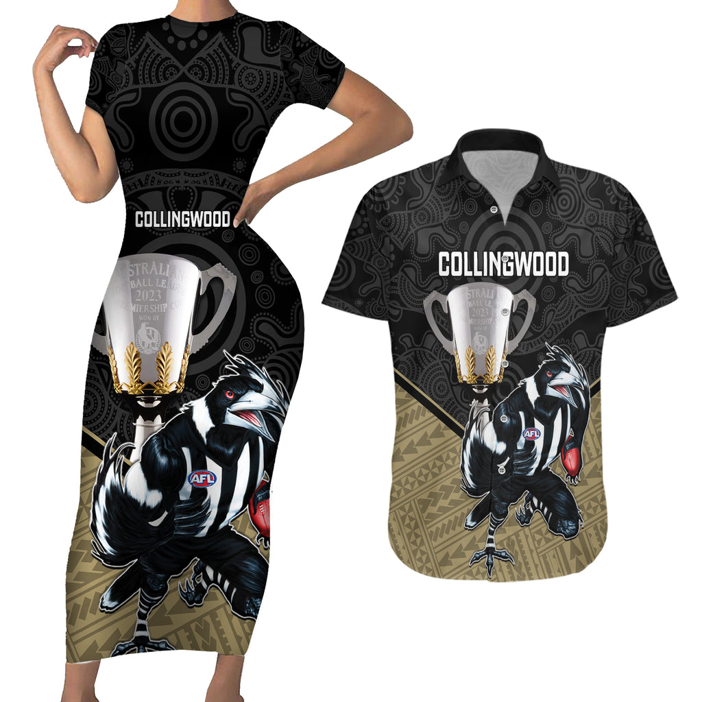 personalised-collingwood-football-couples-matching-short-sleeve-bodycon-dress-and-hawaiian-shirt-magpies-go-champions-2023-polynesian-indigenous-art