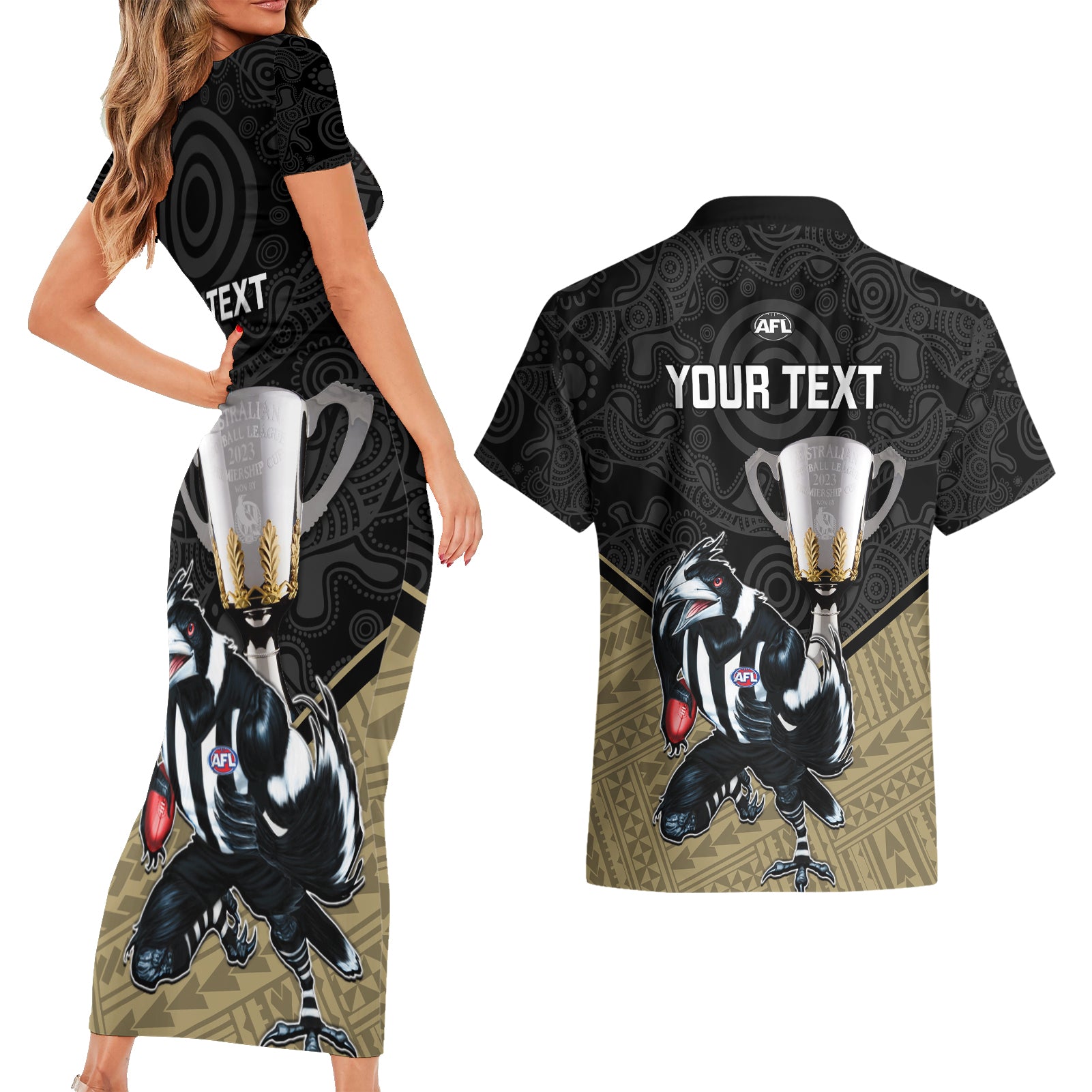 personalised-collingwood-football-couples-matching-short-sleeve-bodycon-dress-and-hawaiian-shirt-magpies-go-champions-2023-polynesian-indigenous-art