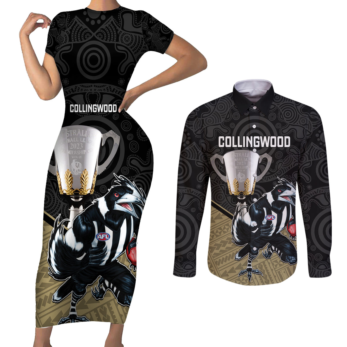 personalised-collingwood-football-couples-matching-short-sleeve-bodycon-dress-and-long-sleeve-button-shirts-magpies-go-champions-2023-polynesian-indigenous-art