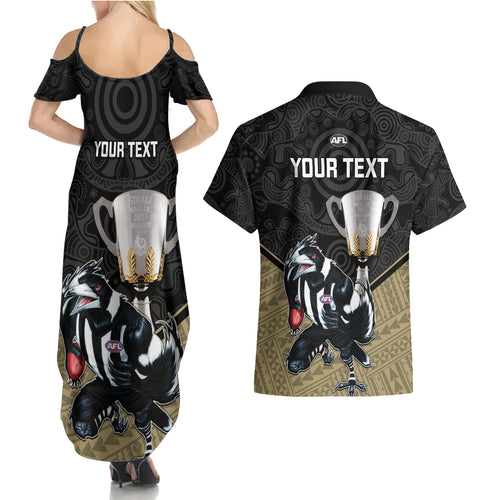 personalised-collingwood-football-couples-matching-summer-maxi-dress-and-hawaiian-shirt-magpies-go-champions-2023-polynesian-indigenous-art