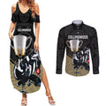 personalised-collingwood-football-couples-matching-summer-maxi-dress-and-long-sleeve-button-shirts-magpies-go-champions-2023-polynesian-indigenous-art