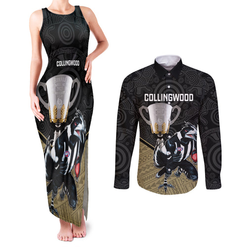 personalised-collingwood-football-couples-matching-tank-maxi-dress-and-long-sleeve-button-shirts-magpies-go-champions-2023-polynesian-indigenous-art