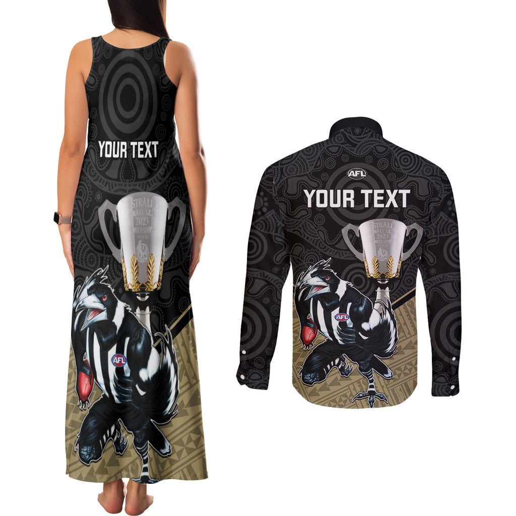 personalised-collingwood-football-couples-matching-tank-maxi-dress-and-long-sleeve-button-shirts-magpies-go-champions-2023-polynesian-indigenous-art