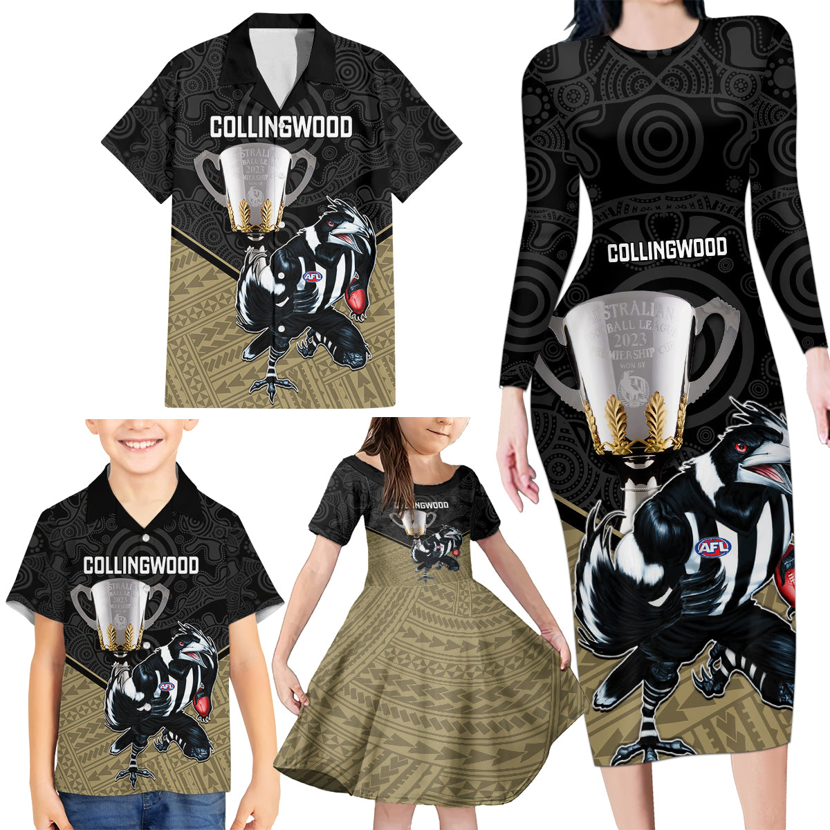 personalised-collingwood-football-family-matching-long-sleeve-bodycon-dress-and-hawaiian-shirt-magpies-go-champions-2023-polynesian-indigenous-art