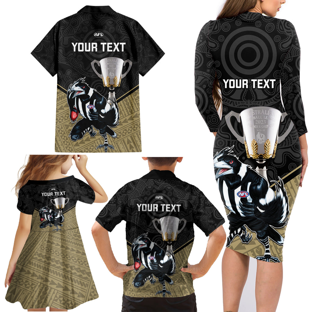 personalised-collingwood-football-family-matching-long-sleeve-bodycon-dress-and-hawaiian-shirt-magpies-go-champions-2023-polynesian-indigenous-art