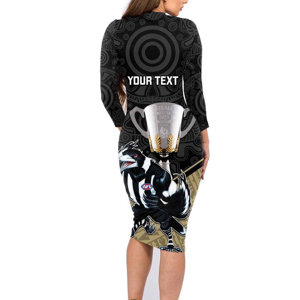 personalised-collingwood-football-family-matching-long-sleeve-bodycon-dress-and-hawaiian-shirt-magpies-go-champions-2023-polynesian-indigenous-art